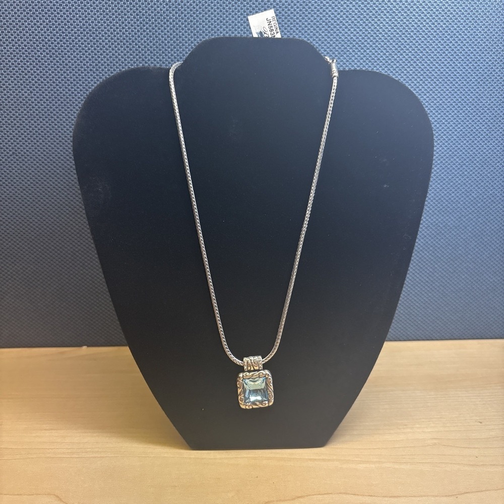 Brighton Regina Turquoise Blue Etched Square Crystal Pendant Necklace 16-18"